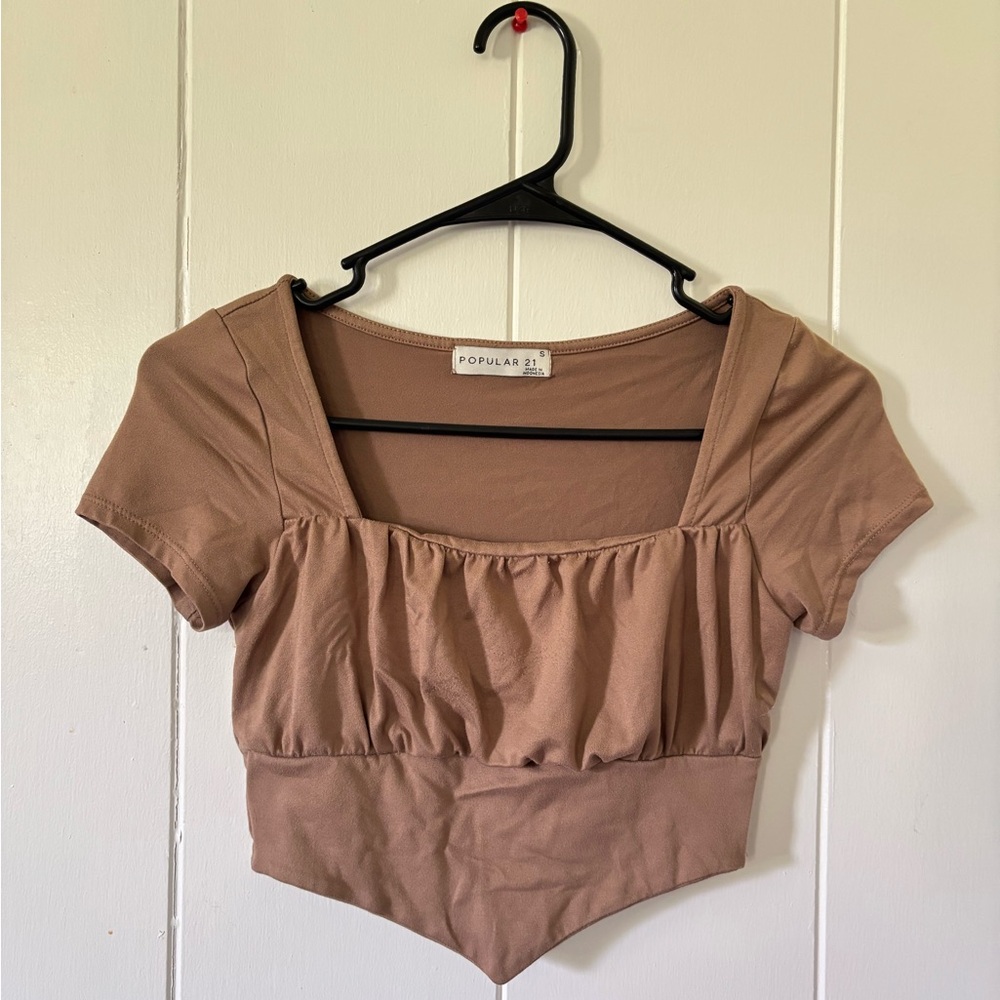 Popular Basics Brown Ruched Crop Blouse